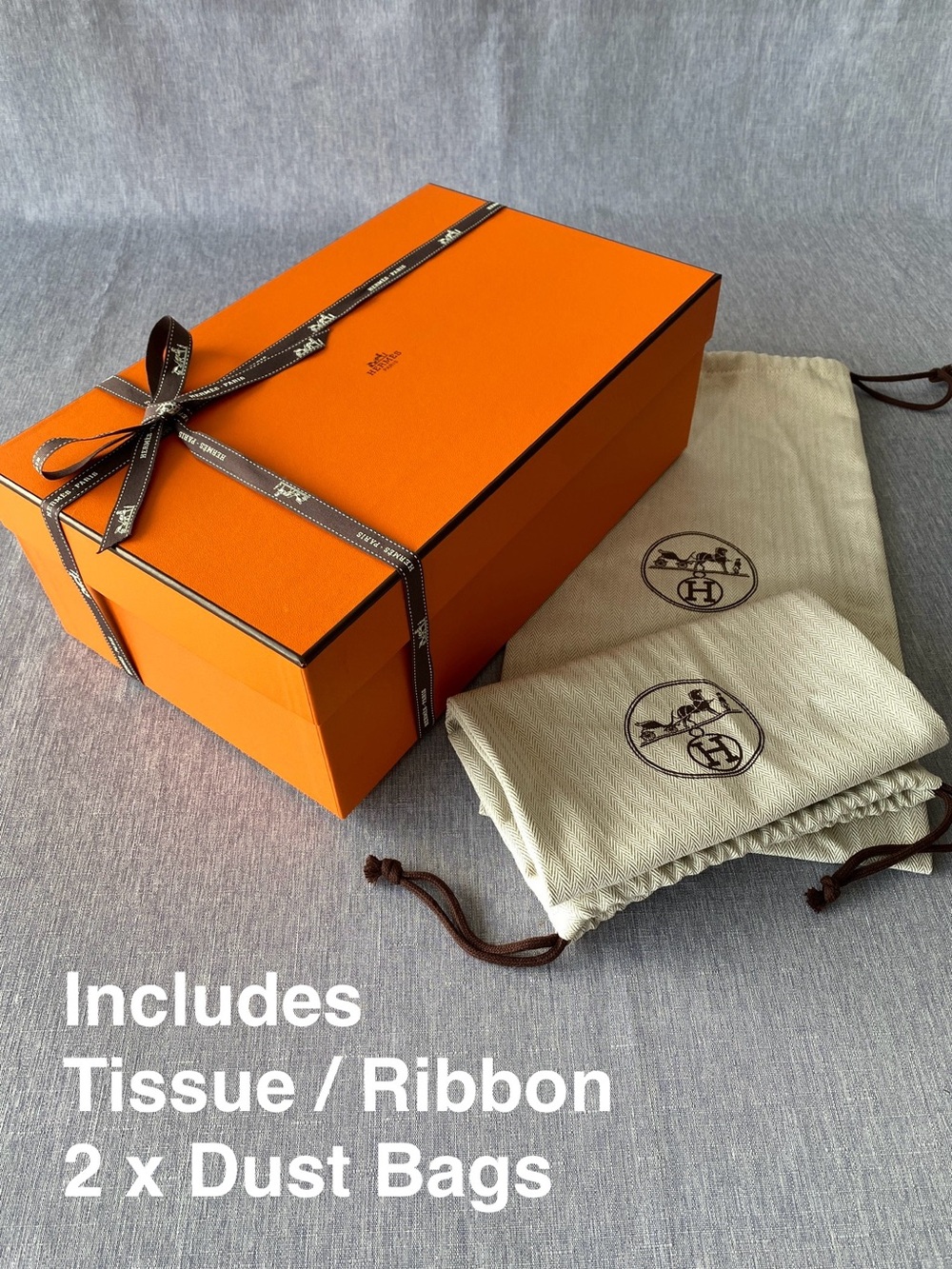 Authentic Hermes | Full Gift Box Set - 2 Dust Bags Ribbon Tissue Gift Decoration